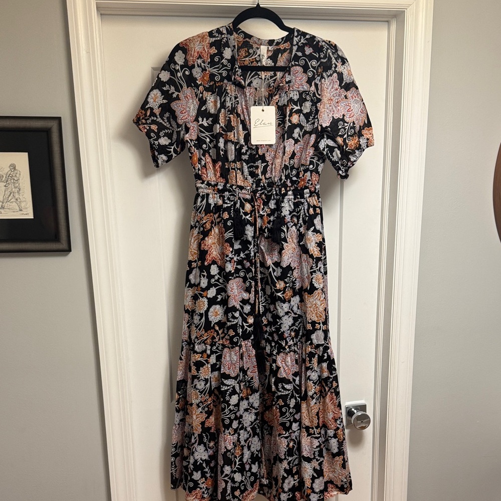 Elan Black and Pink Floral Midi Dress